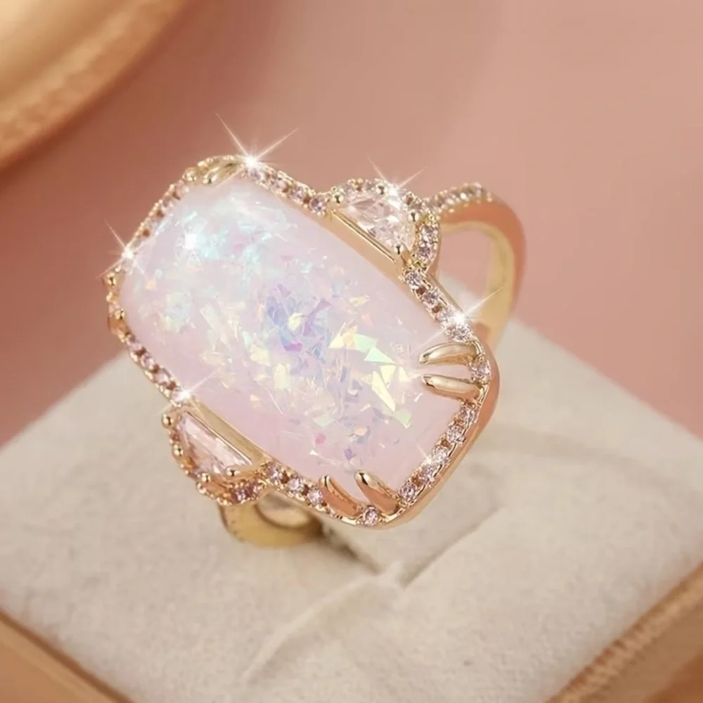 🆕 Gold Plated Elliptical Fire Opal Ring, White Opal Stone CZ Sizes 6, 7, 8, or 9